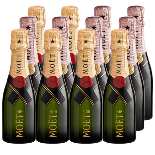 Case of 12 Bottles of Mini Champagne Moet Brut and Moet Rose 20cl – Ideal for Parties or Giveaways